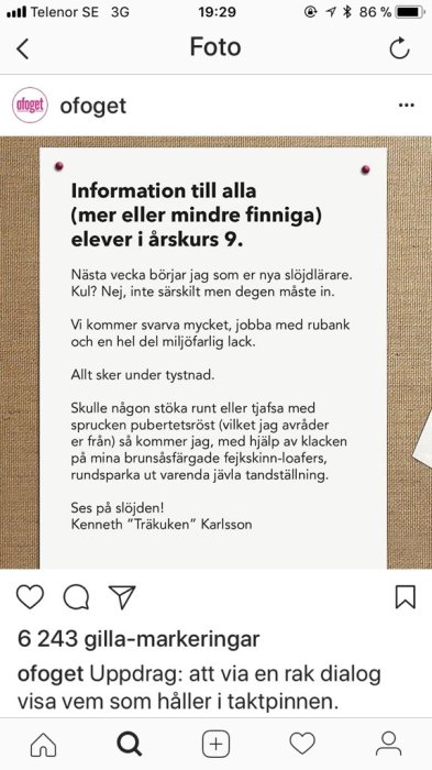 Skärmdump av ett socialt medieflöde med textinlägg som riktar sig till elever i årskurs 9 om slöjdlektioner.