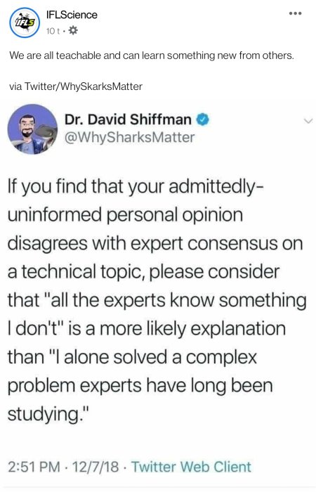 Skärmdump av ett Twitter-inlägg från Dr. David Shiffman om att värdera expertkonsensus över personliga åsikter.