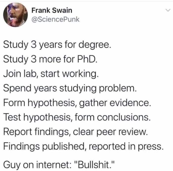 Skärmavbild av ett tweet från Frank Swain som beskriver vetenskapsprocessen mot internet skepticism.