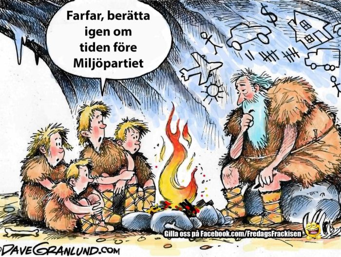 Tecknad bild av grottmänniskor runt eld, barn ber farfar berätta om tiden före Miljöpartiet.