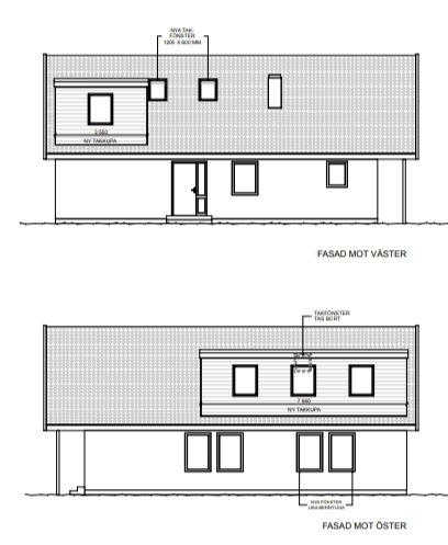 Ritningar över husets östra och västra fasader med måttangivelser och fönsterplaceringar.