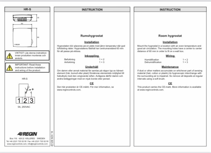 Manual och kopplingsschema för rumshygrostat, på svenska och engelska, från Regin Controls.