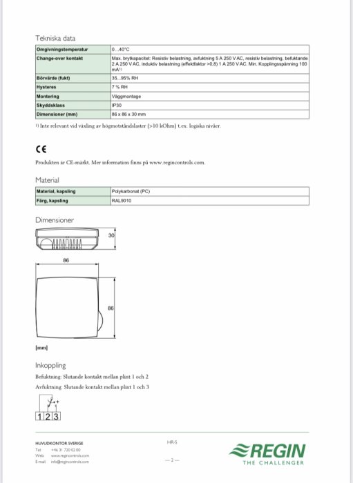 Kopplingsschema och teknisk information för en hygrostat med mått och inkopplingsdetaljer.