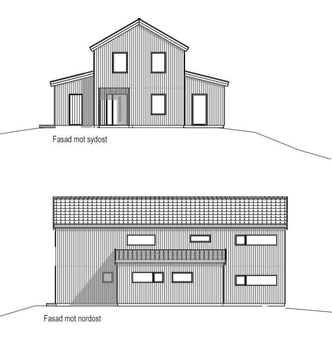 Arkitektoniska ritningar av ett hus med två fasadvyer, sydost och nordost, som visar en modern tolkning av ett ladhus i lösvirke.