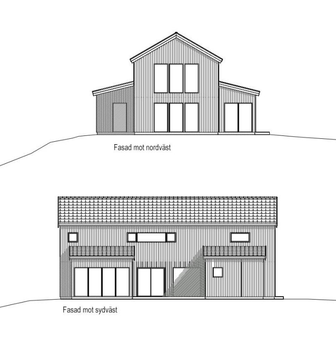 Ritningar av ett modernt ladhus-liknande hem med fasader mot nordväst och sydväst.