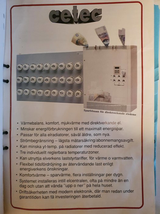 Gammal reklambroschyr för Cetec energiregleringssystem med beskrivning och bild på panel och knappar.