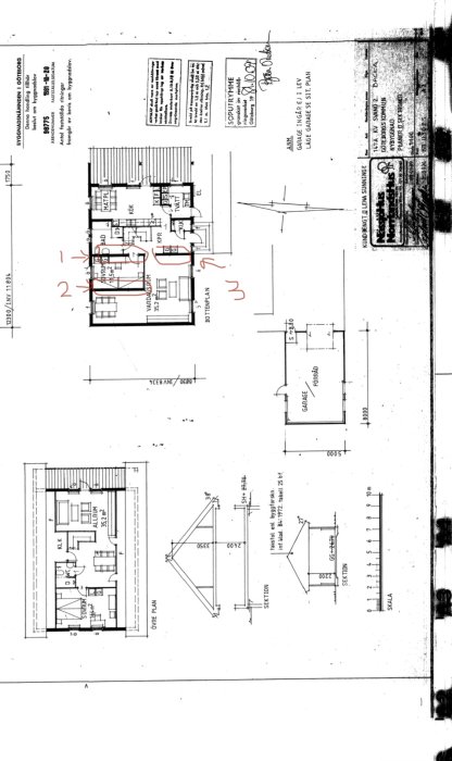 Ritning av ett 1.5-plans hus från Nässjöhus 1982 med markerade väggar för rivning för öppen planlösning.