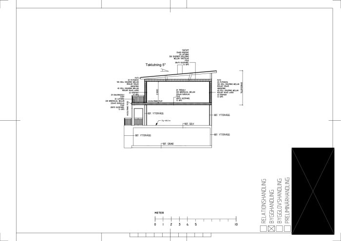 Konstruktionsritning av en vånings påbyggnad med mått och materialspecifikationer för taklyft.