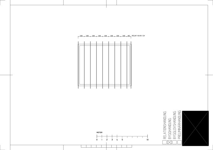 Konstruktionsritning med bjälkar för taklyft som visar 45x195 C24 på 1200cc över 8m spännvidd.