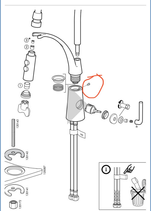 Exploded diagram of IKEA Aleskär kitchen faucet highlighting a screw on the back side that might need tightening.