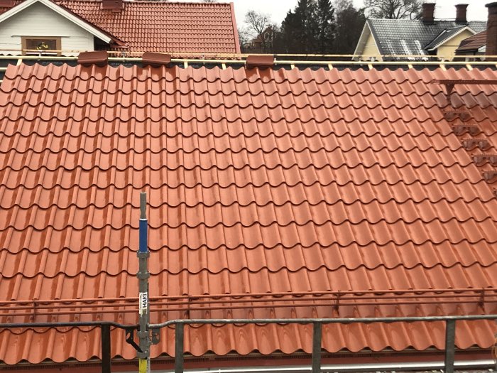 Renoverat tak med röda enkupade tegelpannor, nästan komplett, under takställning.