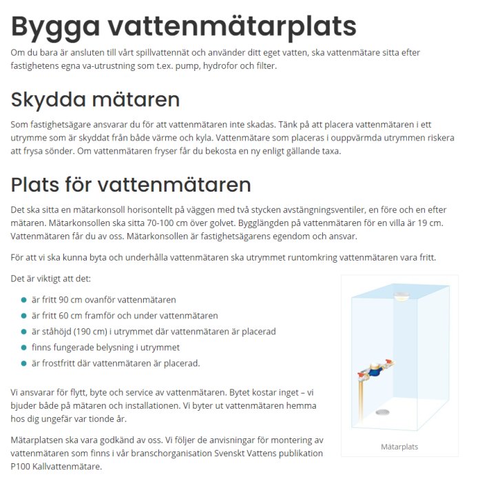 Diagram som visar anvisningar för korrekt installation av en vattenmätare inklusive riktlinjer om avstånd och placering.