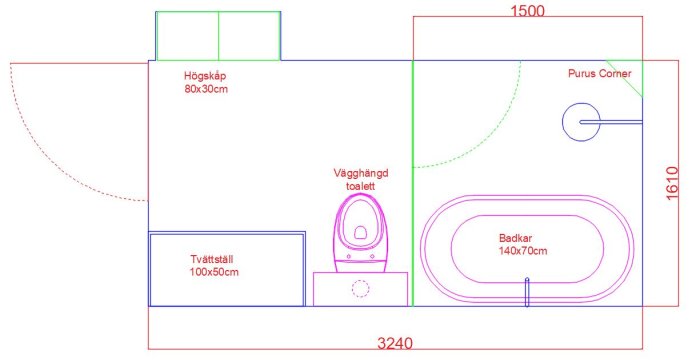 Ritning av ett badrum med mått inklusive badkar, tvättställ, och Purus Corner avlopp.