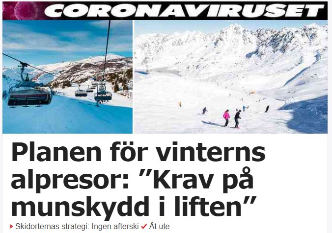 Skidlift med åkare och skidåkare nedför snötäckt backe med bergslandskap, rubrik om coronavirusskyddsåtgärder.