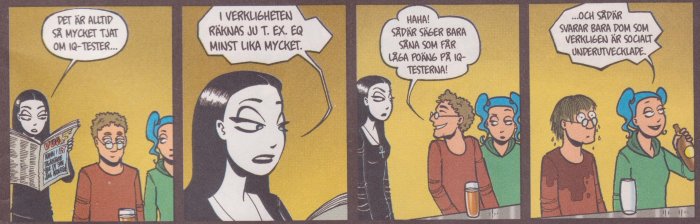 Seriebild med fyra figurer som diskuterar IQ och EQ, en läser tidning, en annan spiller dryck.