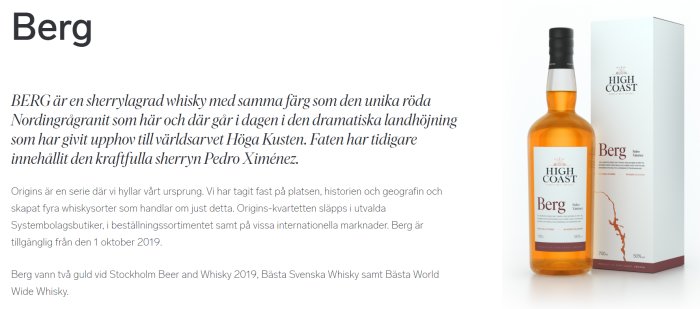 Flaska och kartong av Berg whisky med text om dess ursprung och färg jämfört med Nordingrågranit.