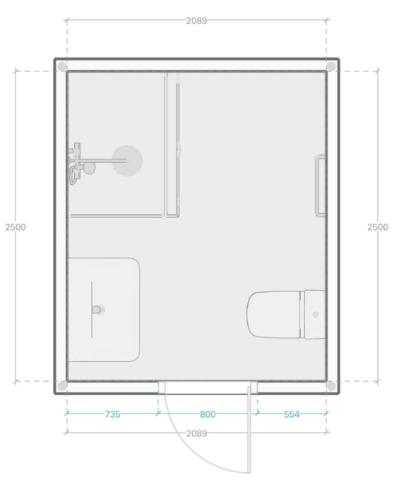 Ritning av ett badrum med måttangivelser, stor dusch utan fast vägg, toalett och förberedd utrymme för förvaring.