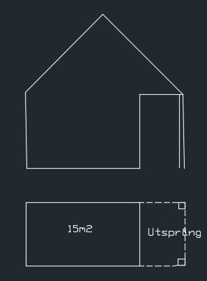 Ritning av Attefallstillbyggnad med markerat utsprång och indikation på 15m2 yta.