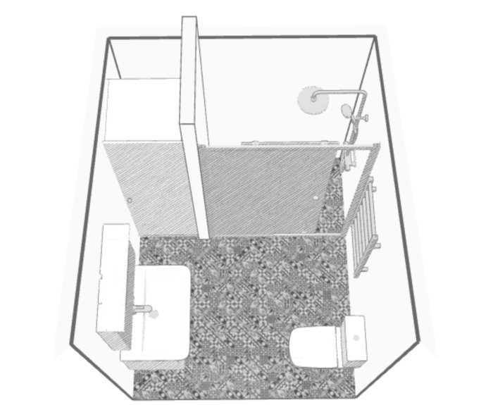 Skiss av badrum med 60 cm garderob, duschplats, kommod och WC arrangemang.