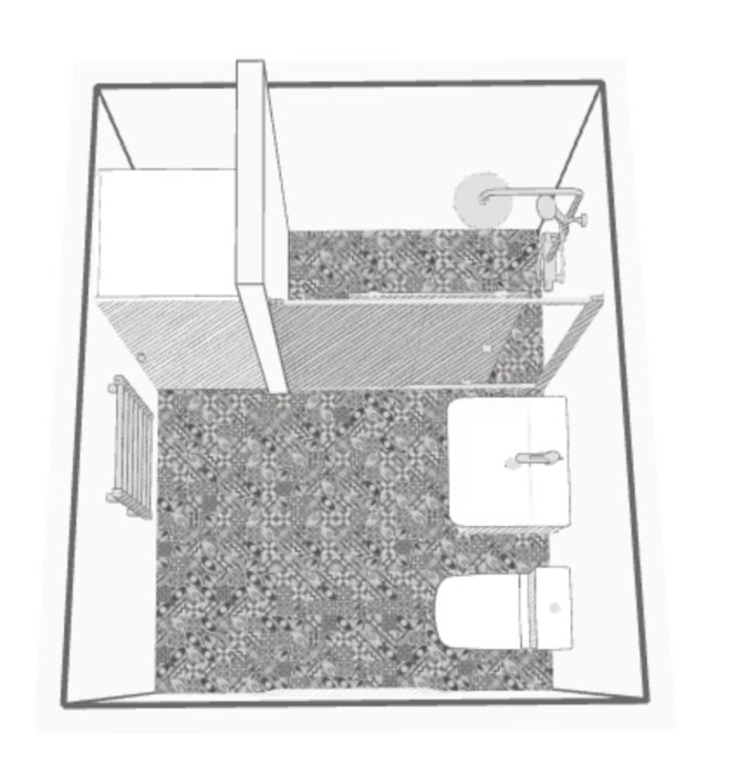 Schematisk ritning av ett badrum med placering av dusch, garderob, kommod och toalett.