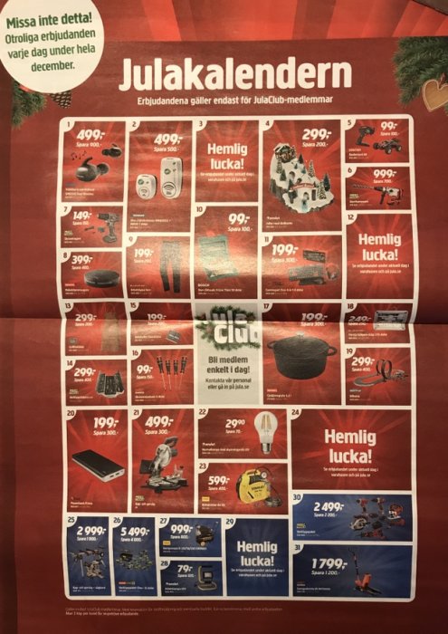 Bild på en julkalender med specialerbjudanden för Clubmedlemmar, produkter och priser för varje dag i december.