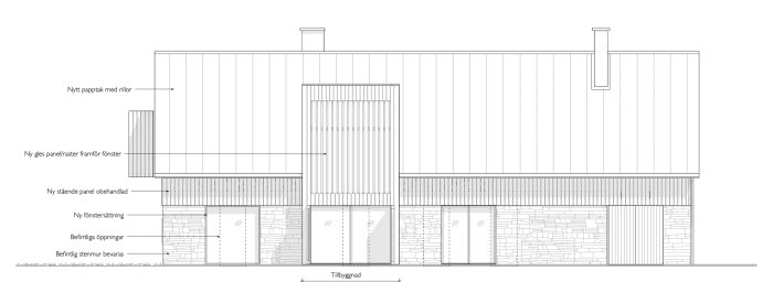 Arkitektritning av en ombyggd gammal lada med förslag på nytt pappstak, stående panel och bevarad stenmur.