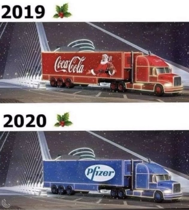 En jämförande bild med två lastbilar, en märkt med Coca-Cola och jultema från 2019 och en med Pfizer-logotypen från 2020.