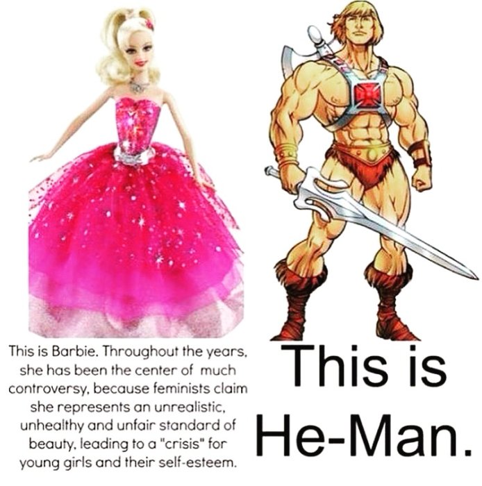 Illustration av Barbie-docka och He-Man-figur bredvid varandra med kommentarer om skönhetsideal.