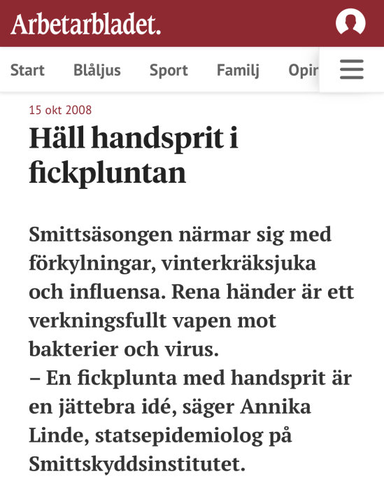 Skärmdump av en artikel från Arbetarbladet med rubriken "Håll handsprit i fickpluntan".