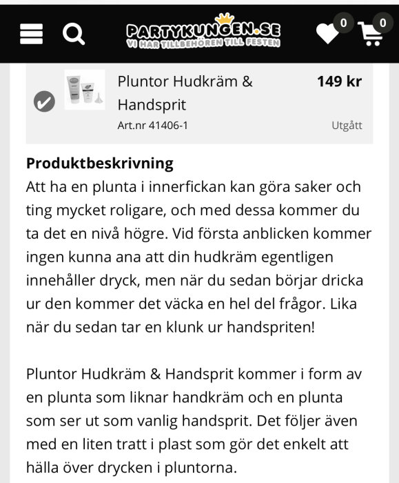 Skärmdump av en webbproduktbeskrivning för Pluntor Hudkräm & Handsprit, märkt som utgången på Partykungen.se.