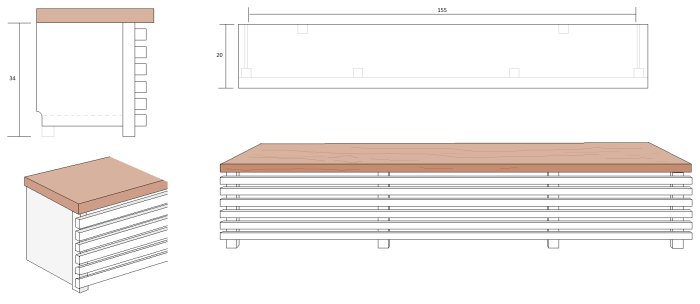 Designskisser av en möbel för att dölja hemelektronik med dimensioner och planhyvlad ek samt vitmålade granreglar och furuskivor.