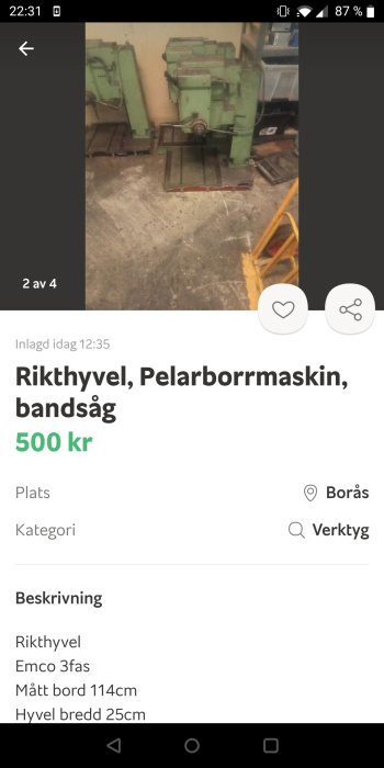 Grön Strandw pelarborr i verkstadslokal, säljes för 500 kr, med tillhörande beskrivning på skärmen.