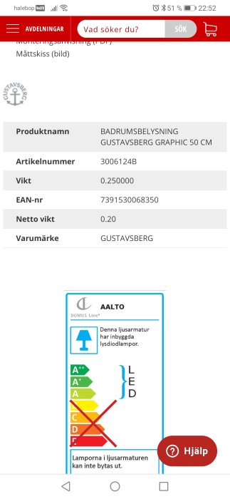 Skärmdump av produktinformation för badrumsbelysning med etiketterna Gustavsberg och Domus Line.