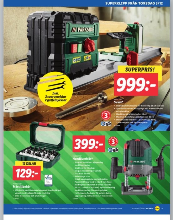 Reklamblad för PARKSIDE verktyg med en svarv för 999 kr, handöverfräs för 399 kr och fräs tillbehör för 129 kr.