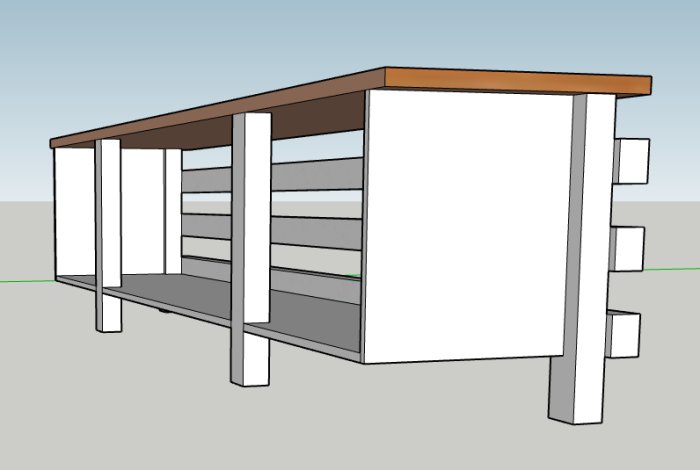 Skiss av en hemgjord möbel med lamellskiva och byggreglar i 3D-modelleringsprogram.