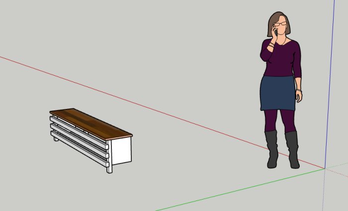 3D-skiss av en person som tittar på en träbänk byggd av limfogskiva och byggreglar.