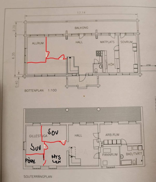 Ritningar av bottenvåning och souterrängplan med markerade förslag på ny väggkonstruktion för sovrum.