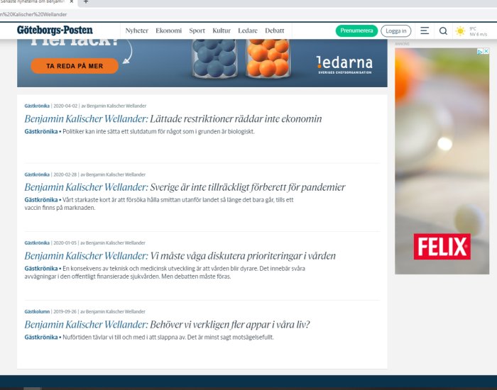 Webbsida som listar artiklar av Benjamin Kalischer Wellander publicerade i Göteborgs-Posten.