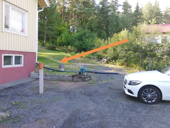 Husets hörna med rör som leder regnvatten, pil pekar mot gammal vattenbrunn, bil parkerad intill.