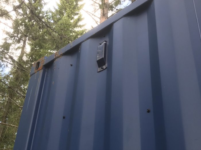 Blå 20-fots container med rostfläck och ventiler, inbäddad i skogsmiljö.