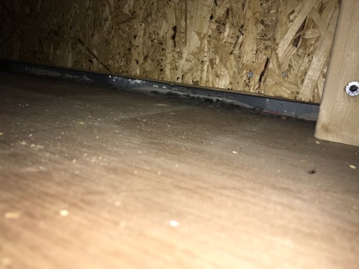 Vy under OSB-panel som visar en luftspalt nära golvet i en isolerad container, med tecken på fukt och mögel.