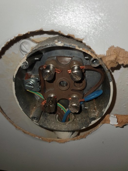 Öppet trefasuttag med avskalade kablar och anslutningspunkter, lämpligt för diskussion om elektrisk installation av hällspis.