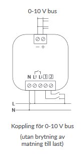 Schematisk teckning av el-koppling för 0-10 V bus utan brytning av matning till last.