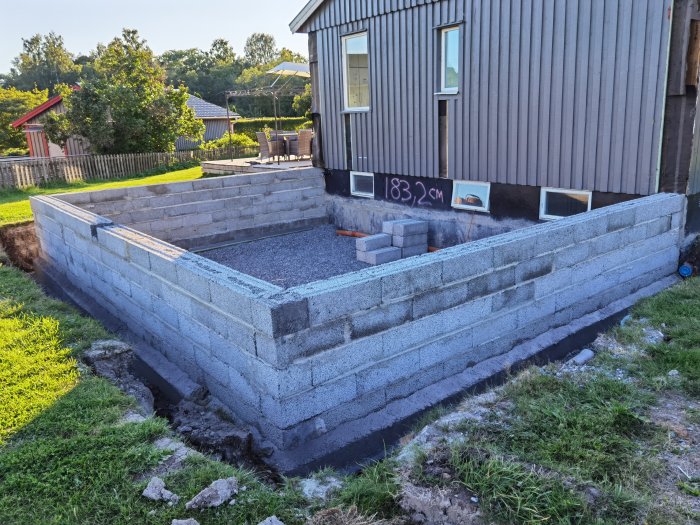 Grunden till ett hus under uppbyggnad med betongblock och märkt höjdmått på väggen.