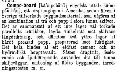 Utskrift av text som beskriver Compo-board, en byggnadsmaterial från trä och papp.