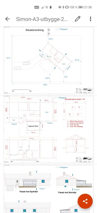 Situationsritning och detaljerade byggplanscher för en husutbyggnad inklusive planvy och fasadvyer.