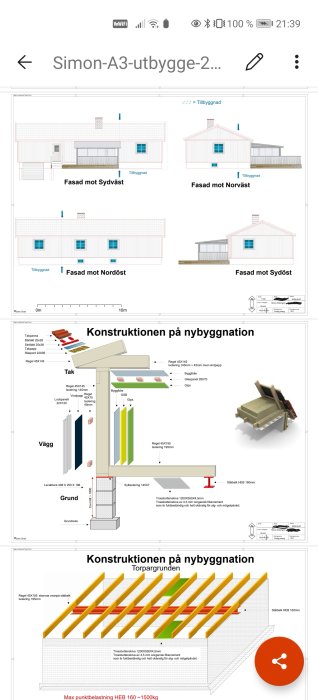 Arkitektoniska ritningar och konstruktionsdiagram för hus med beskrivningar av byggnadsdelar.