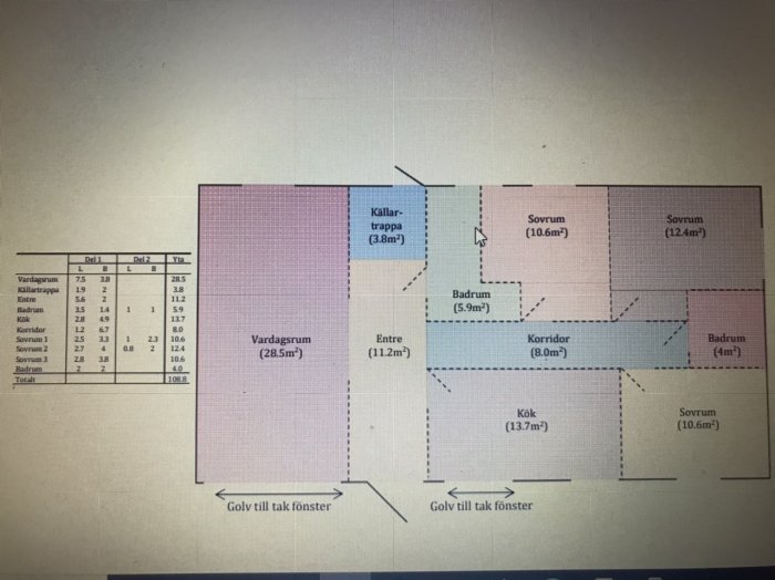 Planritning av ett hus med markerade rum inklusive vardagsrum, kök, sovrum, badrum, entre och källartrappa med angivna ytor i kvadratmeter.
