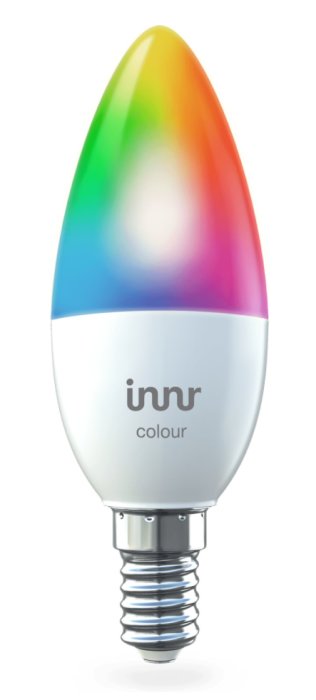 Innr Smart LED RGB E14 ljuskälla i kronljusform med regnbågsfärger och logotyp.