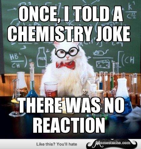 Katt utklädd till kemist med texten "ONCE, I TOLD A CHEMISTRY JOKE THERE WAS NO REACTION" framför kemisk utrustning.